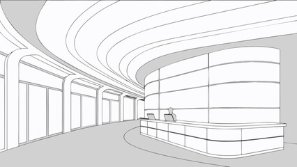 Modern lobby interior design architectural rendering with reception desk and curved ceiling detail drawing