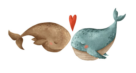A cute illustration of loving whales, highlighting their charm and the beauty of marine life