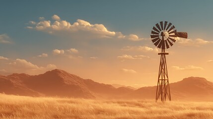 Rustic Windmill in Golden Field at Sunset
