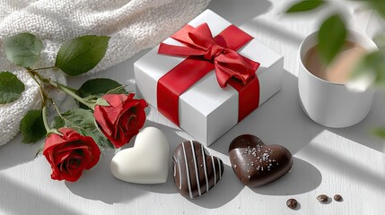 A romantic still life with a gift box, roses, chocolates, and coffee.