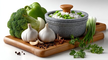 Fresh vegetables and cooked rice with peas arranged on a wooden cutting board.