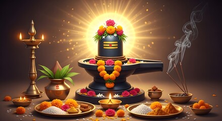 A shiva lingam adorned with flowers and garlands surrounded by offerings and lit candles and incense