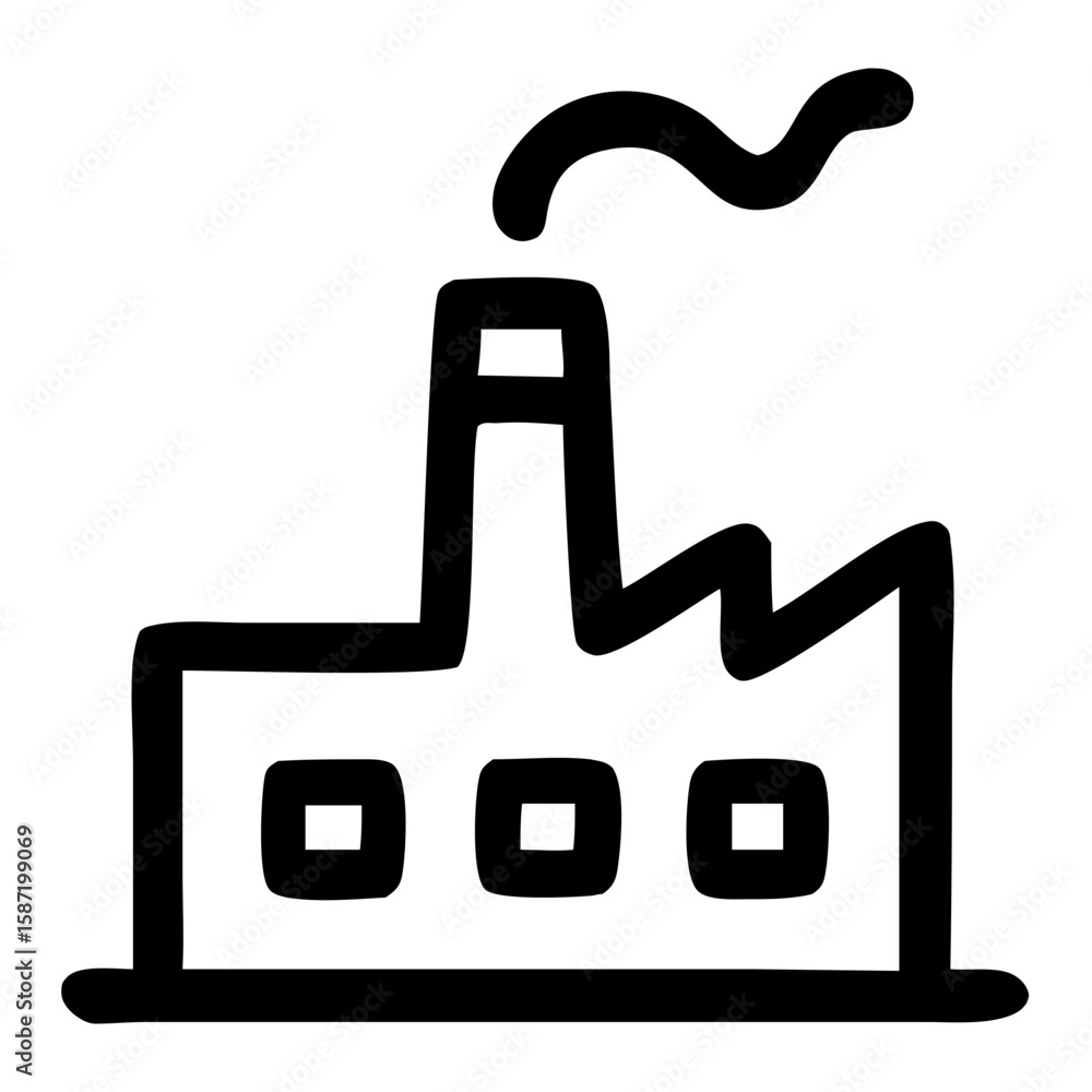 Poster simple handdrawn factory building icon with smoke stack and windows