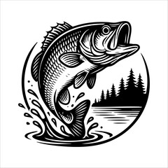 Set of Vintage Bass Fish Illustrations – Jumping and Splashing in Black and White