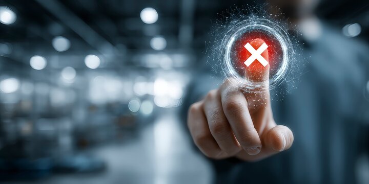 Hand pointing at red digital interface with white X symbol representing error, cancellation, rejection, or virtual interaction concept