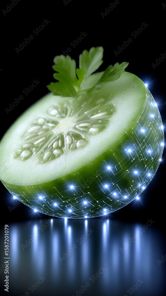 Poster close-up of a slice of cucumber with its inner flesh transformed into a pattern of tiny