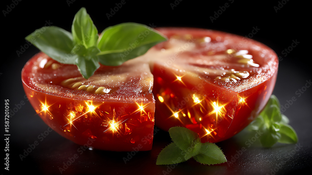 Poster close-up of a slice of tomato with its flesh transformed into a mosaic of tiny