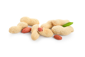 Many unpeeled and peeled peanuts with leaf on white background