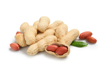 Many unpeeled and peeled peanuts with leaf on white background