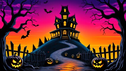 Haunted House Halloween Scene: A captivating digital illustration of a spooky haunted house on a hill, illuminated by jack-o'-lanterns under a twilight sky, filled with spooky ambiance and mystery. 