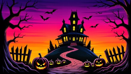Spooky Halloween Night: A haunted house stands silhouetted against a vivid sunset sky, with Jack-o'-lanterns casting an eerie glow, creating an atmosphere of festive fright for Halloween.