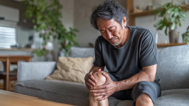 男性が自宅ソファで膝を抱えて苦悶する瞬間