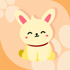 A cheerful, cartoon rabbit with a red collar sits happily on a peach-colored background.