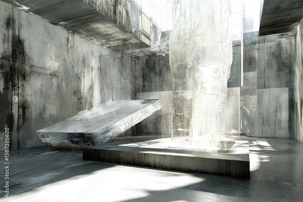 Poster abstract concrete interior design with floating object.