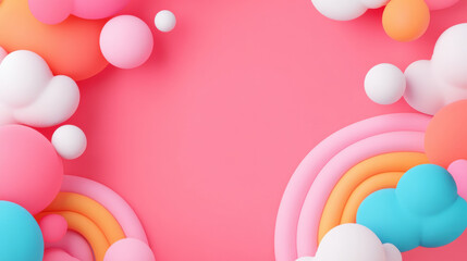 Colorful abstract background with pink, blue, orange, and white 3D spheres and soft shapes creating playful and cheerful