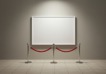 A blank white rectangular canvas is displayed on a wall, protected by a red velvet rope