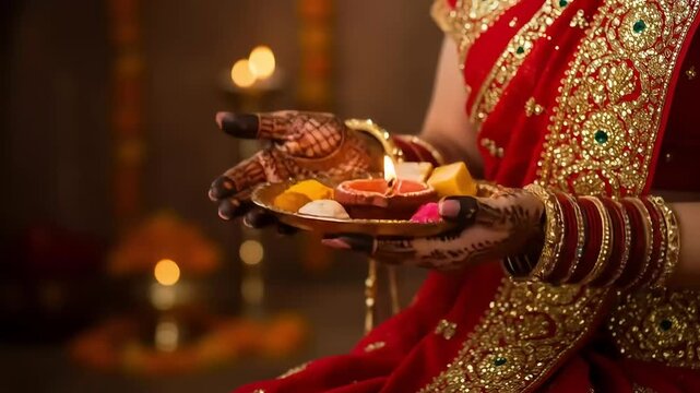 Woman Performing Aarti During Indian Durga Puja Festival &ndash; Traditional Hindu Ritual Scene with Puja Thali, Festive Lights and Spiritual Worship During Celebration Ceremony