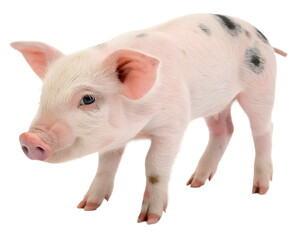 A curious young piglet with pink skin black spots and blue eyes.