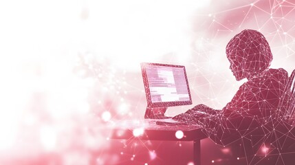 Person working at a computer, network graphic overlay.