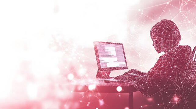 Person working at a computer, network graphic overlay. - Powered by Adobe