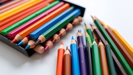 Fototapeta premium Vibrant colored pencils arranged neatly in box and scattered on white background for creative design projects and marketing materials with copy space for text