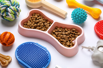 Food bowl in shape of bone and different pet accessories on white background