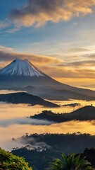 Fototapeta premium Majestic snow-capped volcano bathed in golden sunrise light, casting dramatic shadows over rolling misty hills, a breathtaking natural landscape.