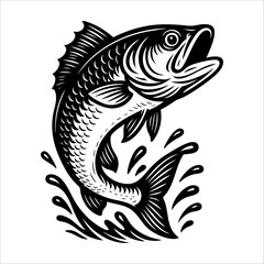 Set of Vintage Bass Fish Illustrations – Jumping and Splashing in Black and White