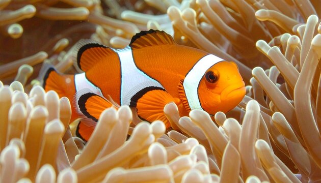 close-up footage of clownfish swimming between sea anemone tentacles, high-definition underwater scene with soft, natural lighting