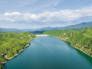 Aerial view of Zhaitang Reservoir and dam in Beijing Mentougou