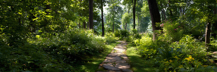 Obraz premium Serene Forest Walking Trail with Sunlit Path and Lush Green Foliage Inviting Exploration