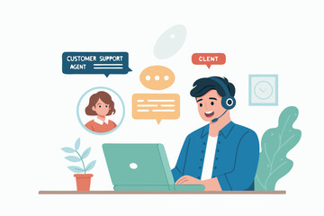 Smiling call center agent helps client using laptop for customer support online