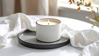 A lit white candle in a ceramic jar with a gold rim rests on a grey tray, illuminated by soft window light.