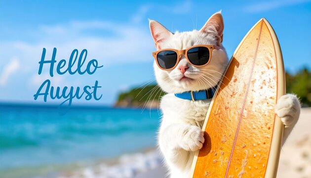 A cat holding a surfing board at the beach