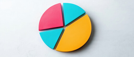 Fototapeta premium Vibrant colorful pie chart with four distinct segments in red, blue, and yellow, symbolizing data distribution and analysis