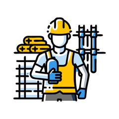 A construction worker in a yellow helmet stands near building materials