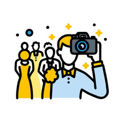 A photographer captures a group portrait at an event isolated on white background