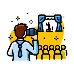 A photographer captures a stage performance for the audience isolated on white background