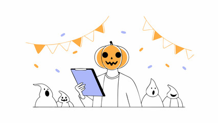 Fototapeta premium A pumpkin headed person holds a clipboard with ghosts isolated on white background