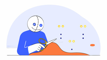 A doll is sewing fabric with scissors isolated on white background