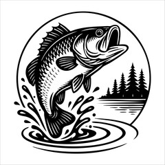 Set of Vintage Bass Fish Illustrations – Jumping and Splashing in Black and White