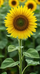 Obraz premium A radiant sunflower, its golden face captivating, stands prominently amidst a field of green