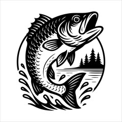 Set of Vintage Bass Fish Illustrations – Jumping and Splashing in Black and White