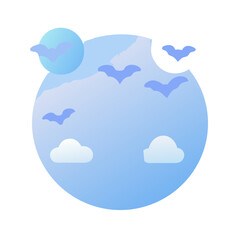 Bats are flying around the moon in the night sky isolated on white background