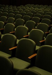 Obraz premium A low-angle view of numerous rows of empty, dark green theater seats with wooden armrests