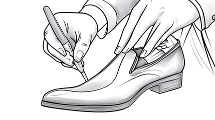 Detailed illustration of a shoemaker working on a pair of dress shoes.