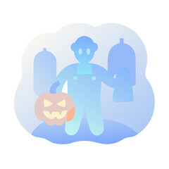 A spooky ghost holds a pumpkin for halloween, isolated on white background