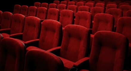 Obraz premium A close-up view of multiple rows of vacant, plush red theater seats