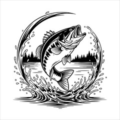 Set of Vintage Bass Fish Illustrations – Jumping and Splashing in Black and White