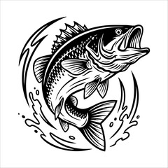 Set of Vintage Bass Fish Illustrations – Jumping and Splashing in Black and White